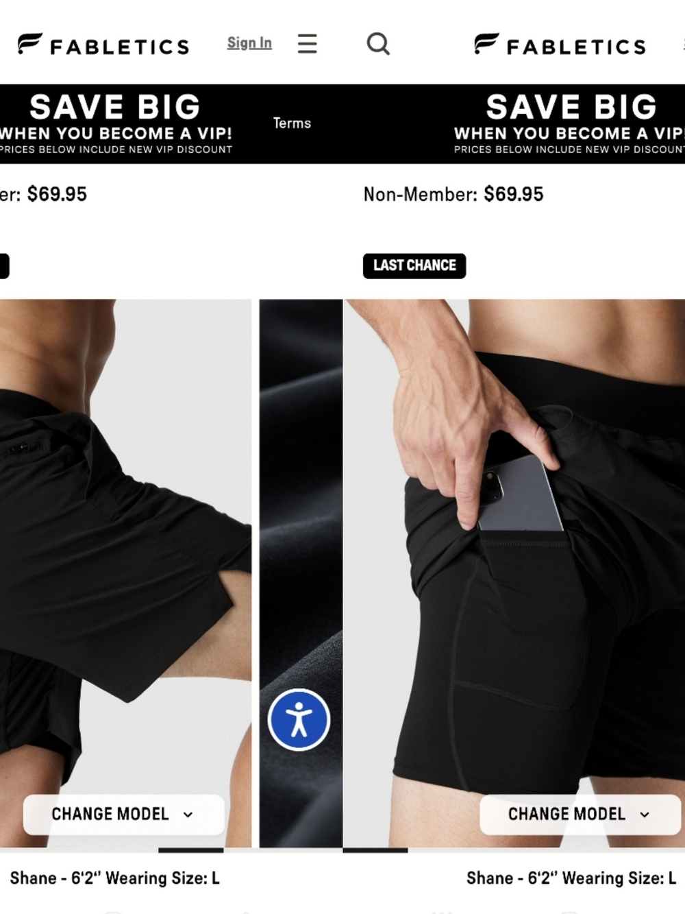 NWT Fabletics Men's Black Athletic Shorts with Inner Phone Pocket